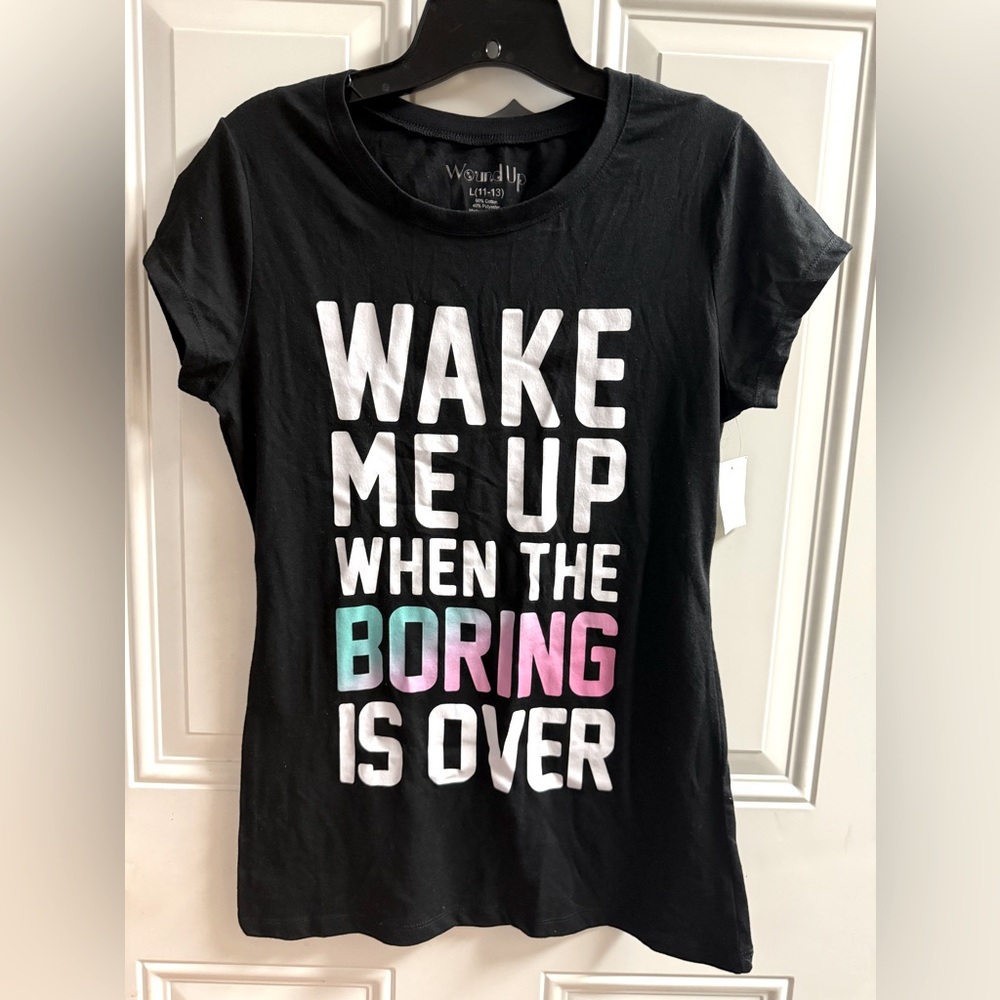 Wound Up Black T-Shirt Lg(11-13) (with writing on the front)